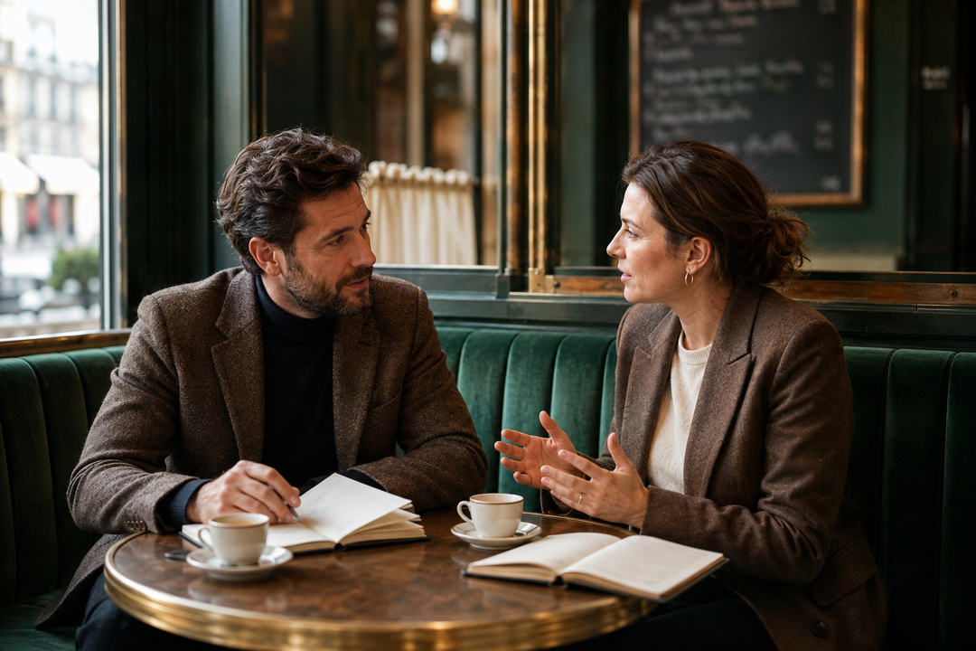 Deux consultants à une table d'angle de bistro, carnets ouverts et cafés, banquette verte