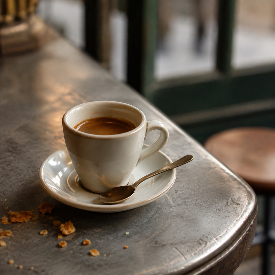 Tasse expresso et cuillère en laiton sur comptoir en zinc, miettes de croissant